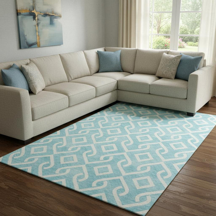 10' X 14' Geometric Washable Area Rug With UV Protection (652455) - Aqua / Ivory