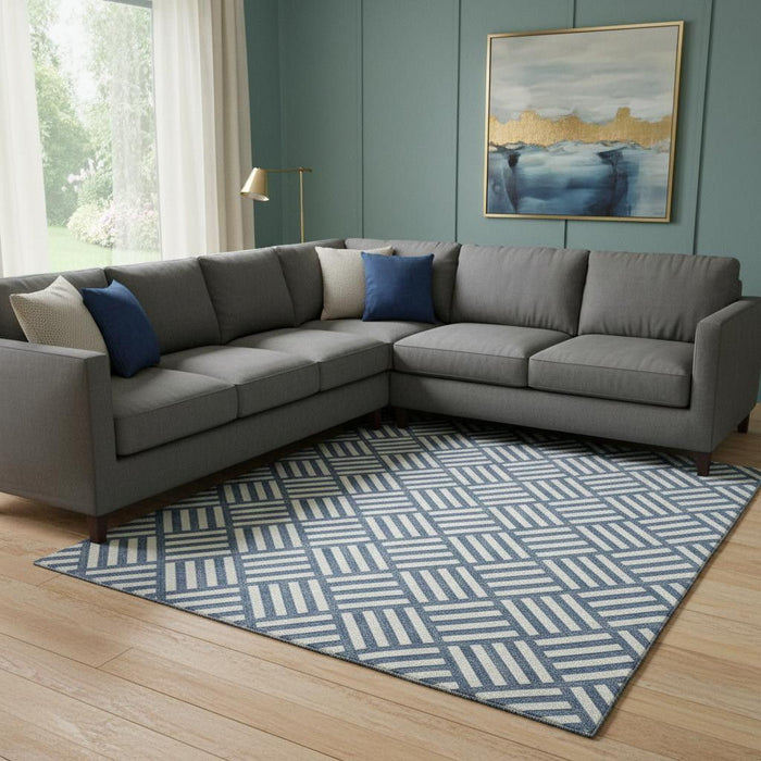 10' X 14' Geometric Washable Area Rug With UV Protection (652389) - Navy Blue / Ivory