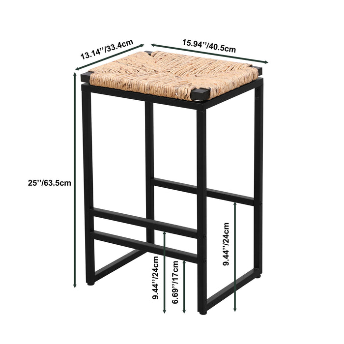 Set of two Giga 25-inch backless water hyacinth woven bar stools with footrests, natural finish, perfect for kitchen or bar area.