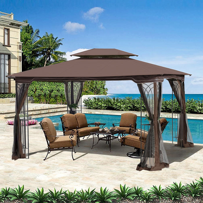 Giga 13x13 ft outdoor patio gazebo with brown canopy, ventilated double roof, mosquito net sides, suitable for garden and backyard.