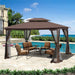 Giga 13x13 ft outdoor patio gazebo with brown canopy, ventilated double roof, mosquito net sides, suitable for garden and backyard.