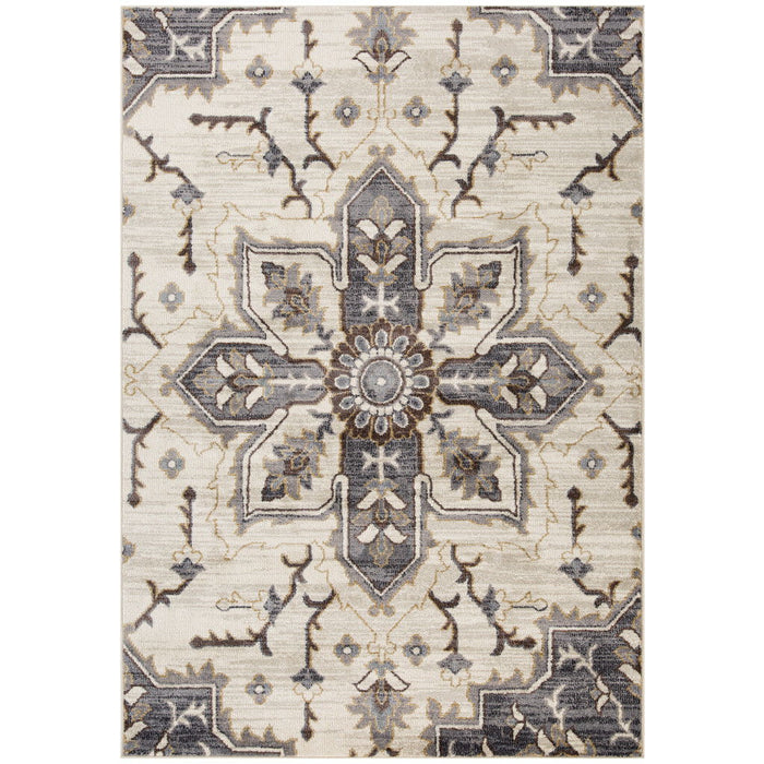 9' x 12' Floral Medallion Power Loom Area Rug - Ivory Gray And Black