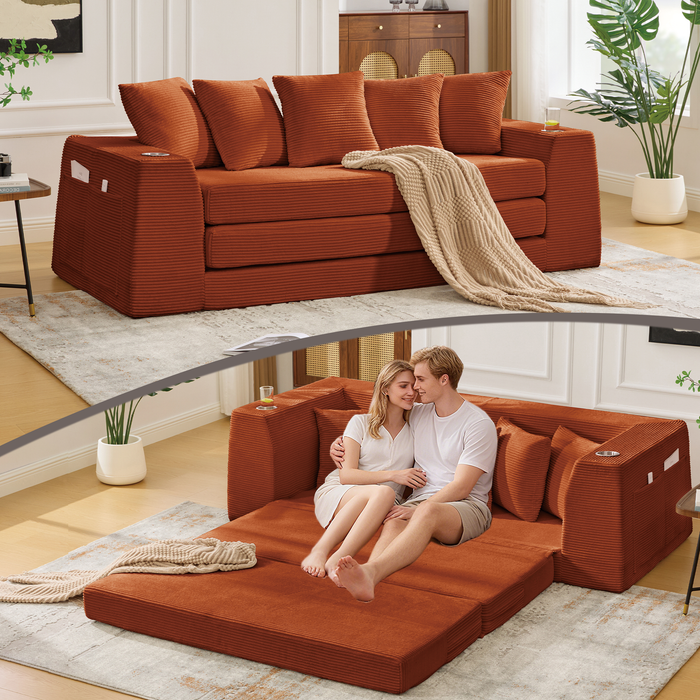 [NEW ARRIVED] [VIDEO PROVIDED]82.25' Convertible Sofa Bed,Loveseat Sleeper Sofa,2 in 1 Sofa, Corduroy Pull Out Sofa Bed,5 Pillows , Side Pocket,No Assembly, Two Cup Holders,Wide Armrest,3 Seat,Orange
