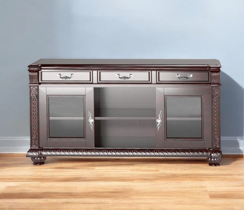 Dark brown HomeRoots wood cabinet TV stand with enclosed storage and open shelving for media equipment and accessories.