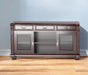 Dark brown HomeRoots wood cabinet TV stand with enclosed storage and open shelving for media equipment and accessories.