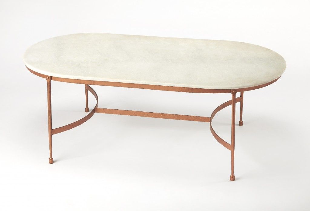 Genuine Marble And Metal Oval Coffee Table - White And Copper