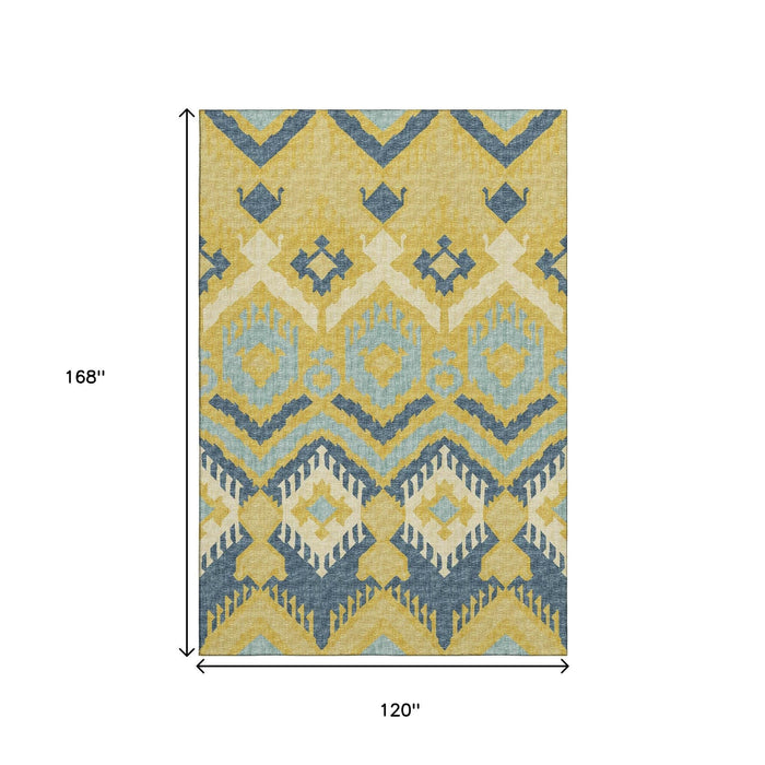 10' X 14' Tribal Washable Area Rug With UV Protection (644784) - Yellow / Ivory / Navy Blue