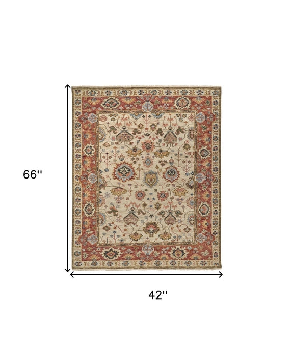 4' x 6' Wool Floral Hand Knotted Stain Resistant Area Rug - Ivory Red And Blue
