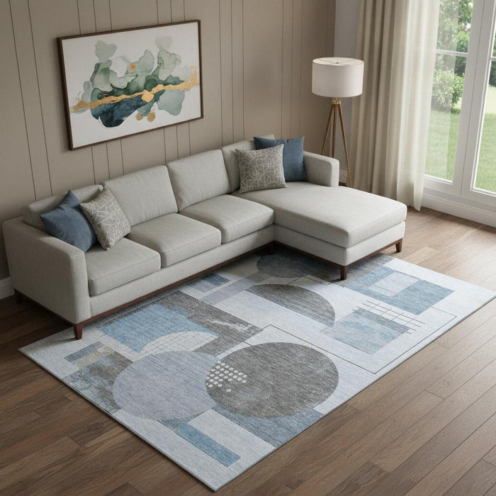 10' X 14' Geometric Washable Area Rug With UV Protection (697446) - Blue / Gray / Ivory