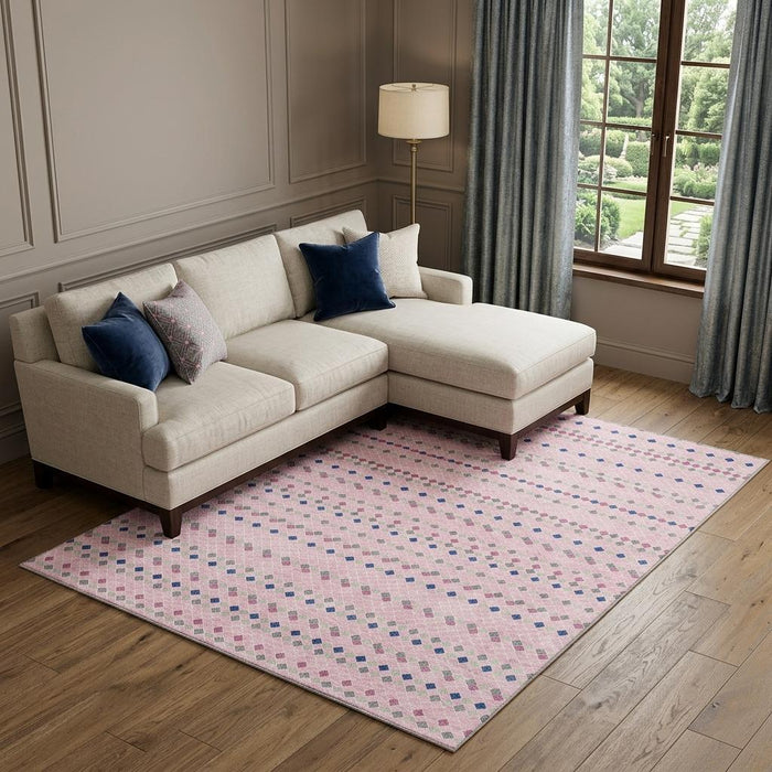 10' X 14' Striped Washable Area Rug With UV Protection (693552) - Pink / Navy Blue / Gray