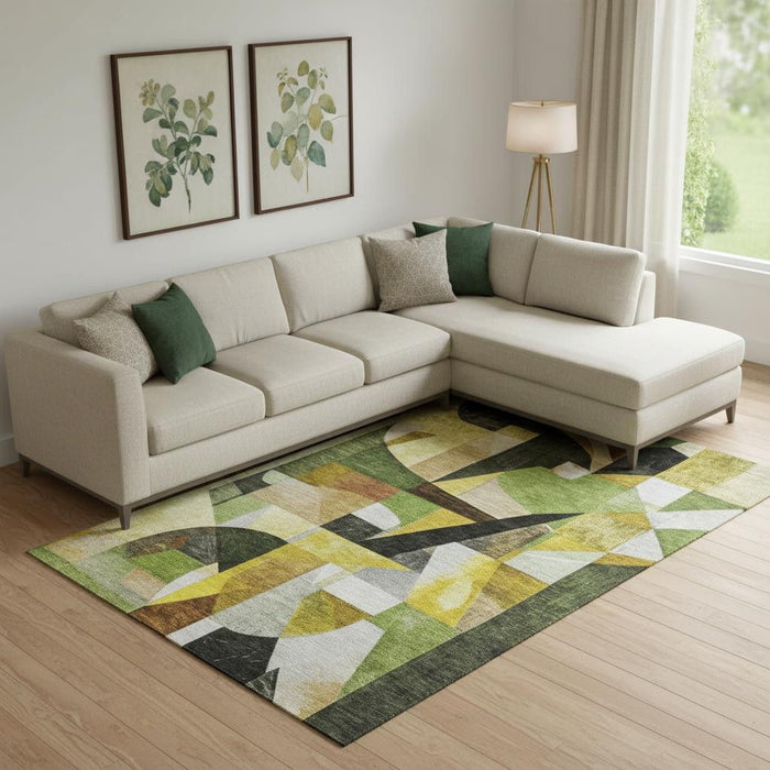 10' X 14' Abstract Washable Area Rug With UV Protection (700361) - Green / Black / Gold