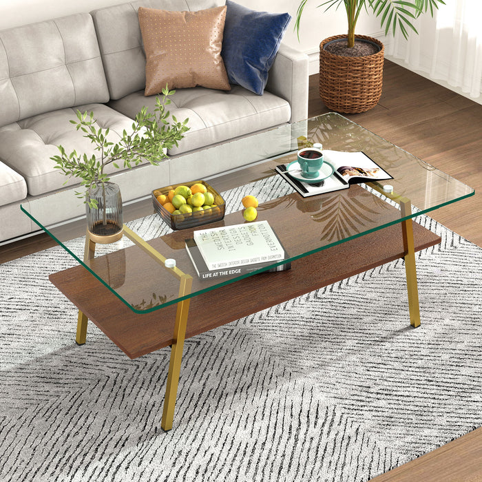 Modern Giga rectangle coffee table with tempered glass tabletop and metal legs, ideal for living room decor.