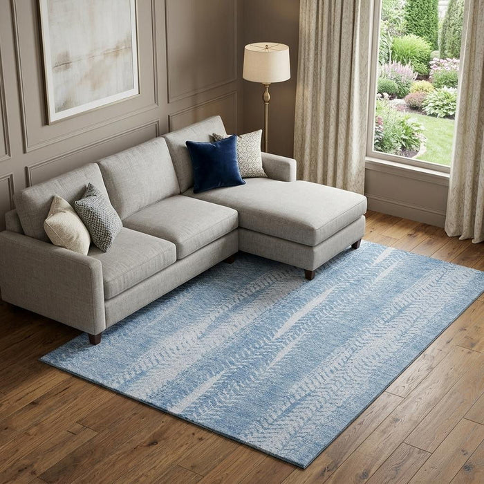 8' X 10' Striped Washable Area Rug With UV Protection (656535) - Sky Blue / Ivory