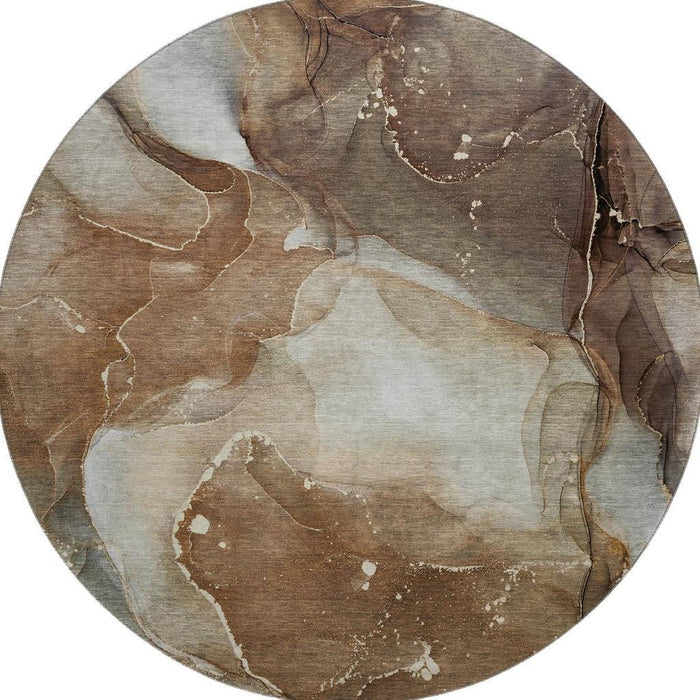 8' Abstract Washable Round Rug With UV Protection (647359) - Brown / Ivory / Gray