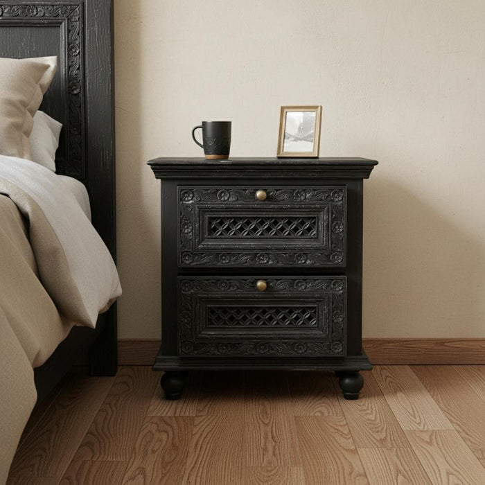 Solid Wood Square Distressed Carved Floral Two Drawer Nightstand - Black
