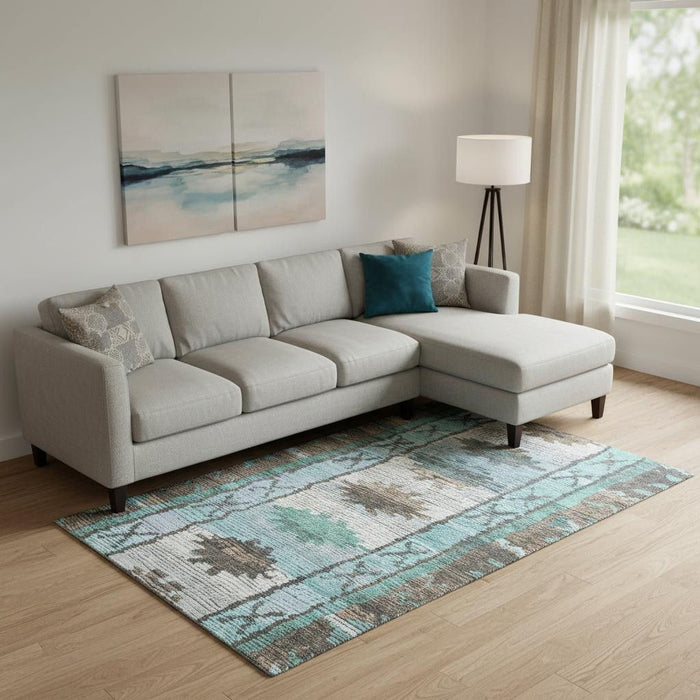 10' X 14' Tribal Washable Area Rug With UV Protection (709024) - Brown / Teal / Ivory