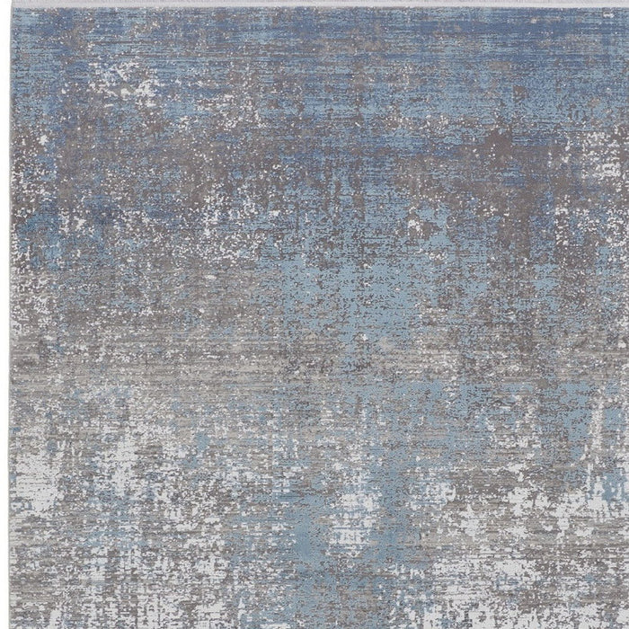 12' x 15' Abstract Power Loom Distressed Area Rug With Fringe - Blue Gray And Silver