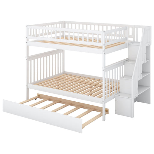 Giga bunk bed with staircase featuring sturdy wooden frame, upper and lower sleeping areas, and built-in safety railings.