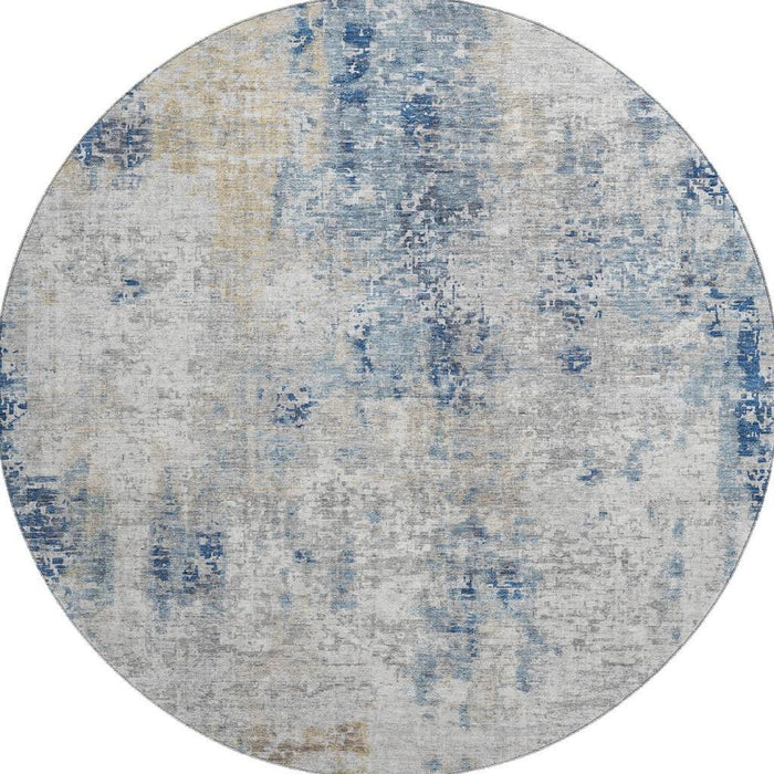 8' Abstract Washable Round Rug With UV Protection - Blue / Ivory