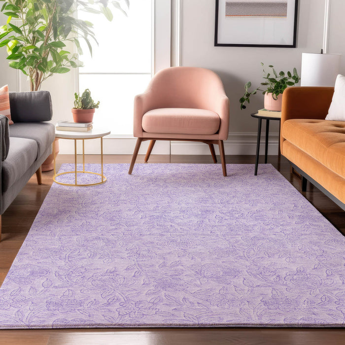 9' X 12' Floral Washable Area Rug With UV Protection - Lilac And Ivory