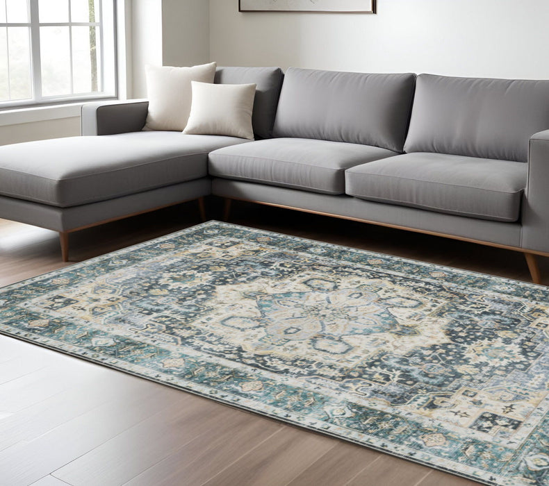7' x 10' Oriental Printed Stain Resistant Non Skid Area Rug - Blue Ivory Teal Brown And Gold