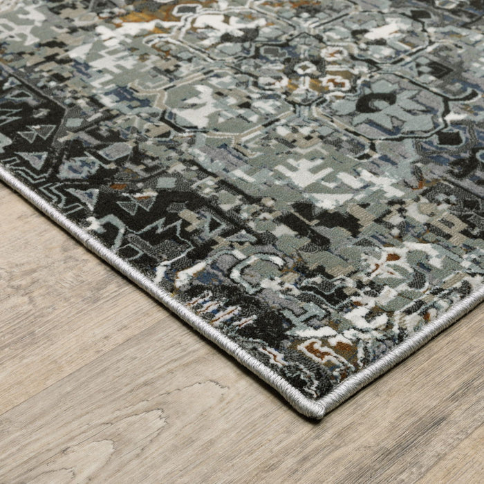 8' x 11' Oriental Power Loom Stain Resistant Area Rug - Ivory Charcoal Gray Blue Rust Gold And Brown