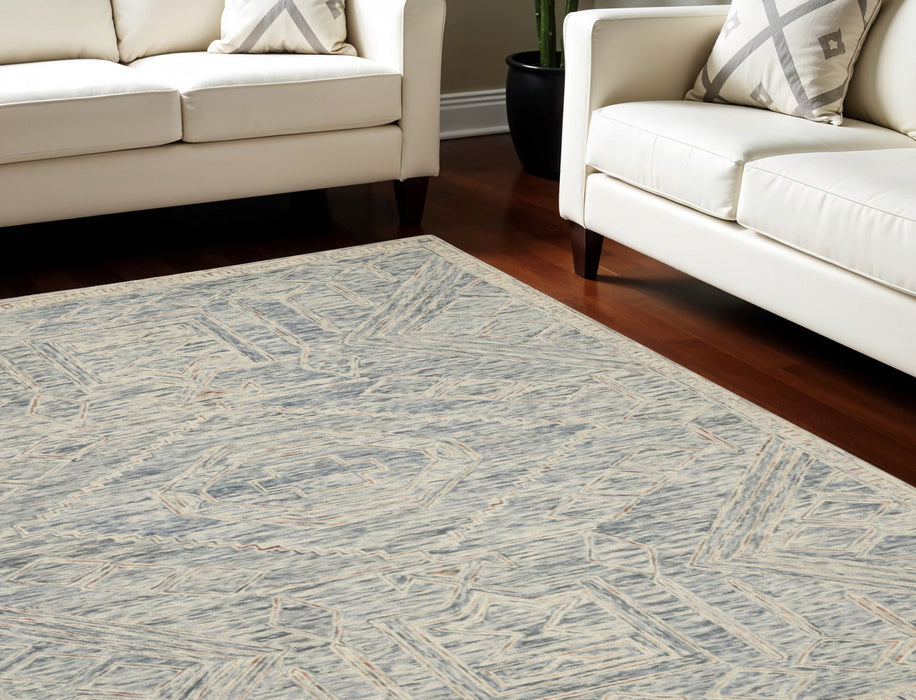8' X 11' Wool Geometric Area Rug - Tan / Blue