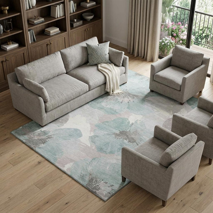 10' X 14' Floral Washable Area Rug With UV Protection (694406) - Pale Aqua / Ivory / Gray