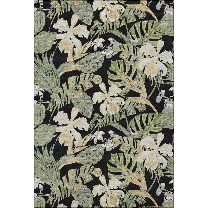 10' X 14' Floral Washable Area Rug With UV Protection (697824) - Black / Green / Beige