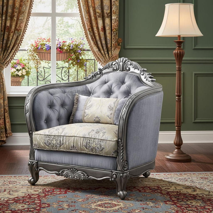 Fabric And Platinum Floral Tufted Arm Chair 43" - Light Gray
