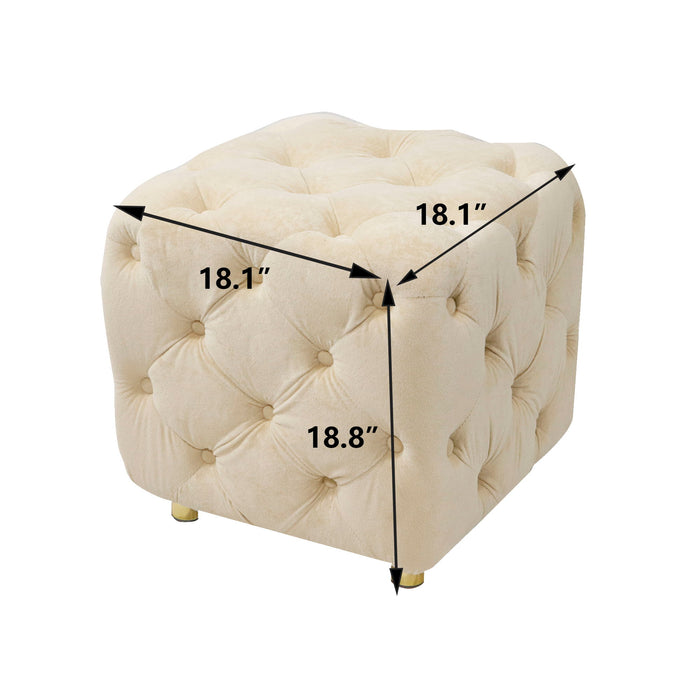 Giga modern upholstered ottoman serving as a small end table, soft foot stool, and comfortable seating for living room or bedroom.