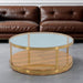 Glass wood and metal round coffee table with shelf in clear, gold, and brown finishes by HomeRoots.