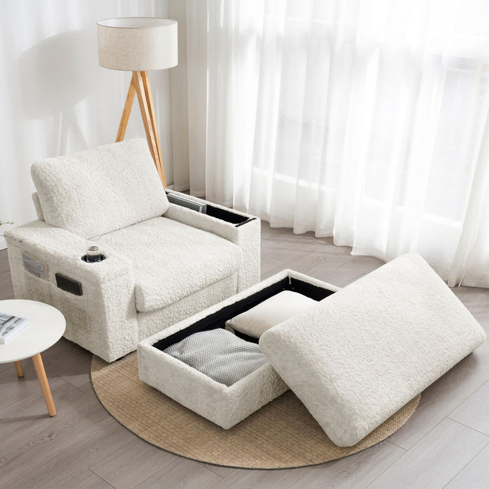 Giga oversized chaise lounge with rabbit fur upholstery, deep seat, armrests, storage ottoman, and cup holders for indoor comfort.