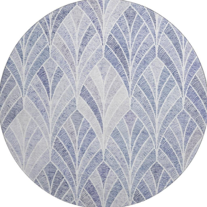 8' Geometric Washable Round Rug With UV Protection (667590) - Denim Blue / Ivory