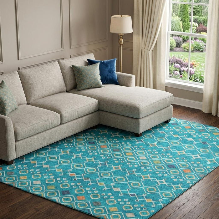 10' X 14' Southwestern Washable Area Rug With UV Protection (674754) - Teal / Gold / Green