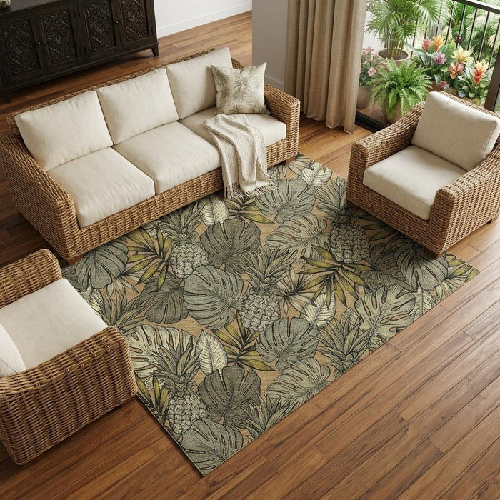 10' X 14' Tropical Botanical Distressed Washable Area Rug With UV Protection (646373) - Khaki / Gray / Yellow