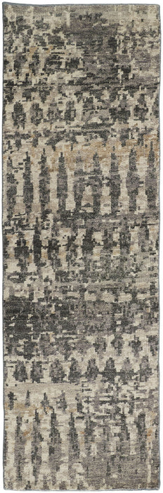 8' Wool Abstract Hand Knotted Runner Rug - Gray Taupe And Ivory