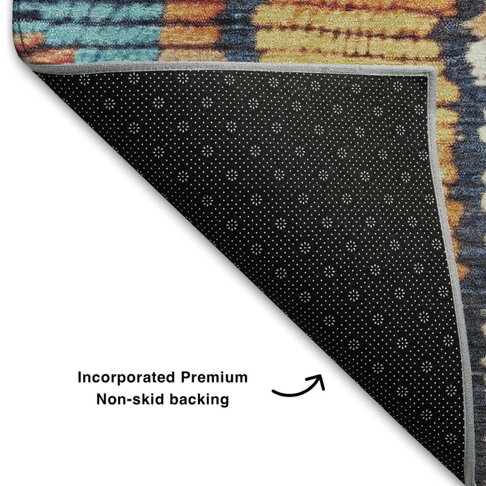 10' X 14' Tribal Washable Area Rug With UV Protection (709048) - Navy Blue / Orange / Red