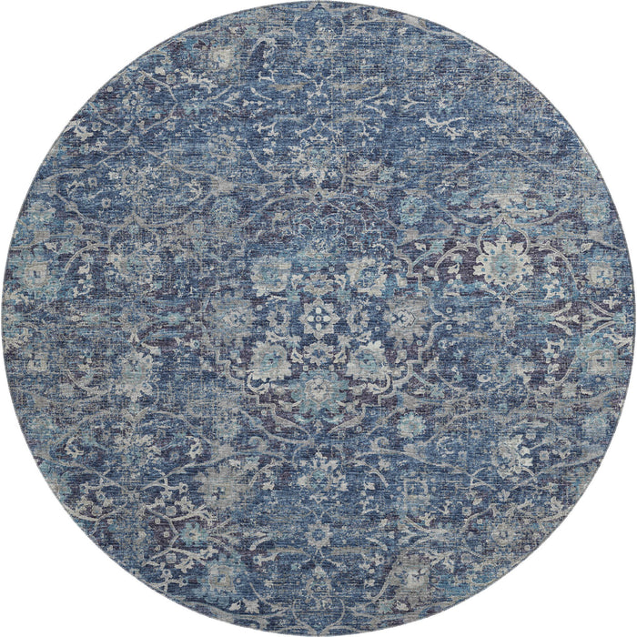 8' Floral Medallion Distressed Washable Round Rug With UV Protection (644219) - Blue / Gray