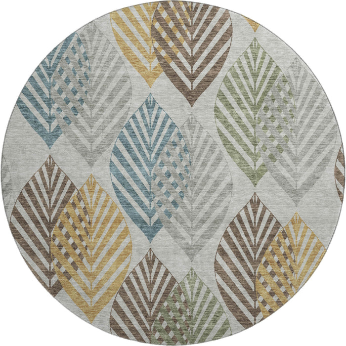 8' Transitional Floral Washable Round Rug With UV Protection - Gray