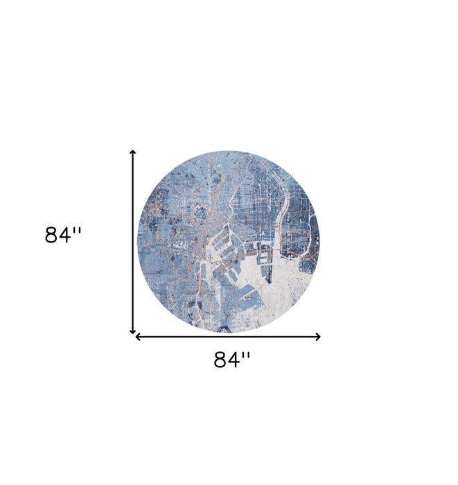 8' Round Abstract Non Skid Area Rug - Blue And Black