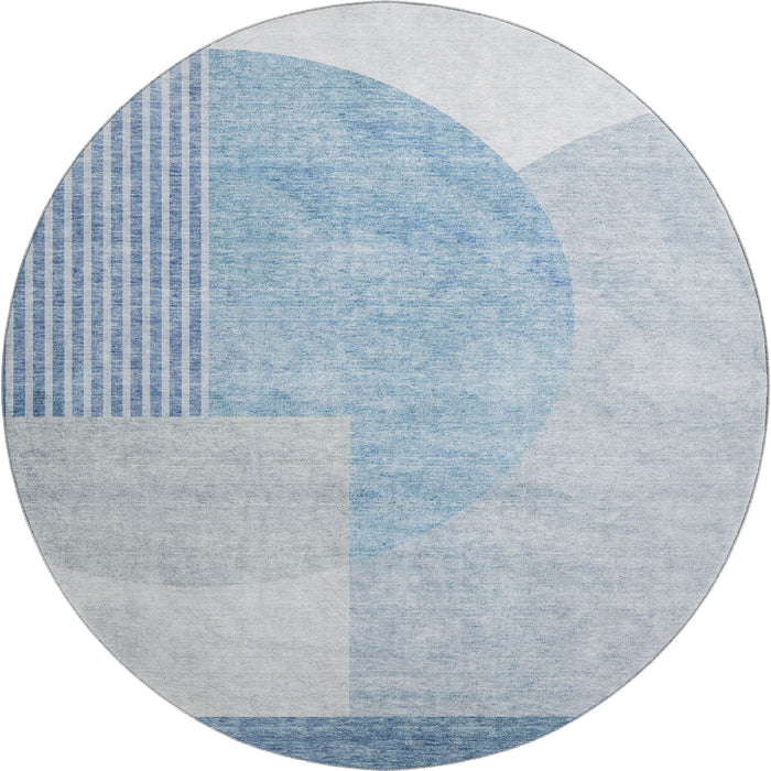 8' Geometric Washable Round Rug With UV Protection (655821) - Blue / Ivory