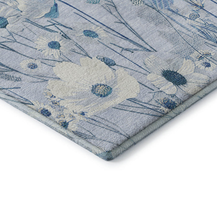 10' X 14' Floral Washable Area Rug With UV Protection (694080) - Sky Blue / Ivory