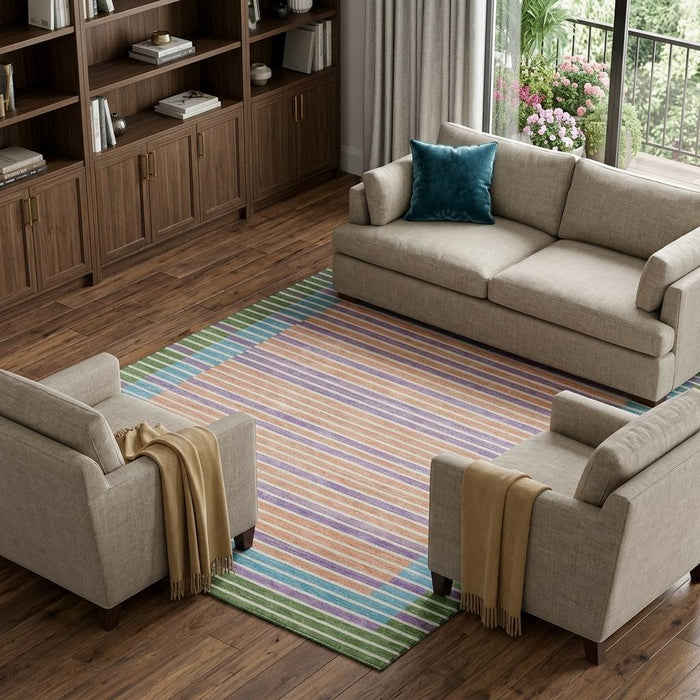 10' X 14' Striped Washable Area Rug With UV Protection (693480) - Lime Green / Peach / Teal / Purple