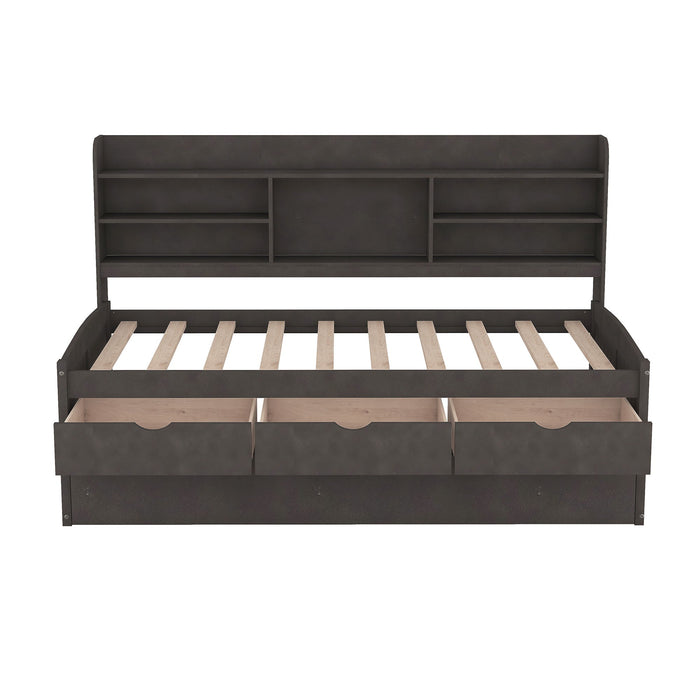 Giga Captain Bed with built-in bookshelves, three storage drawers, and a trundle, featuring a modern wooden design and ample storage.