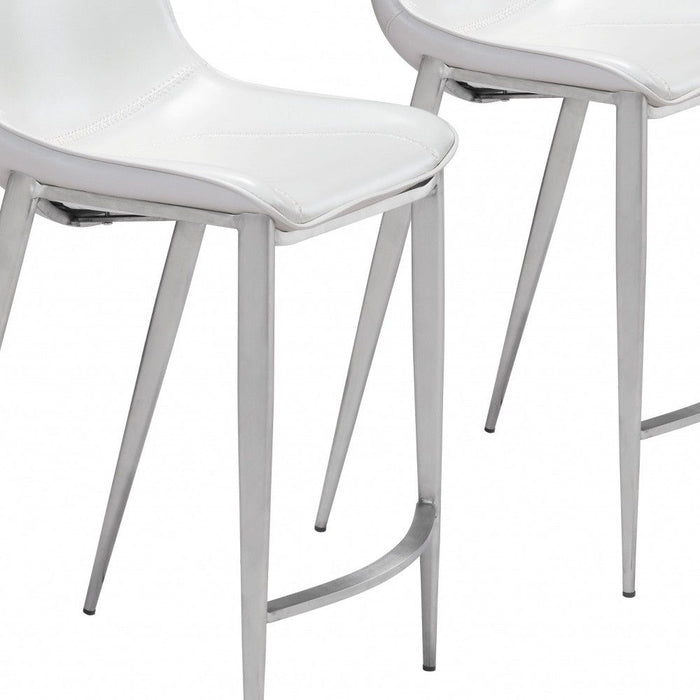 Set of two white and silver steel low back counter height bar chairs with modern design, perfect for kitchen or bar seating.