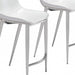 Set of two white and silver steel low back counter height bar chairs with modern design, perfect for kitchen or bar seating.
