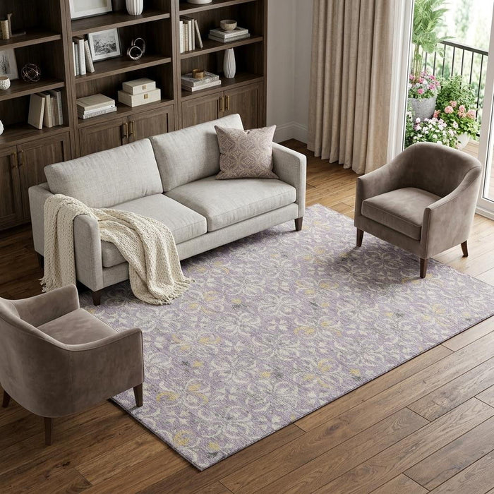 10' X 14' Floral Washable Area Rug With UV Protection (673951) - Lavender / Ivory