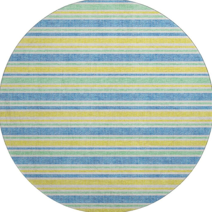 8' Striped Washable Round Rug With UV Protection (647893) - Yellow / Blue
