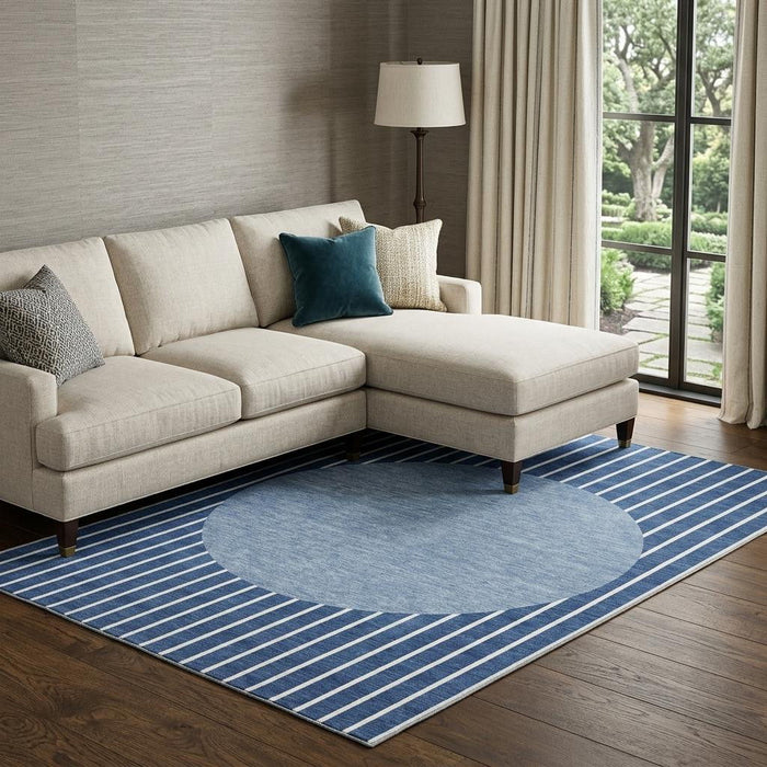 10' X 14' Striped Washable Area Rug With UV Protection (678311) - Navy Blue / Ivory
